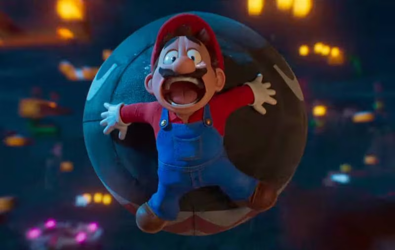 Mario siendo empujado por un cohete en la película de Super Mario Bros