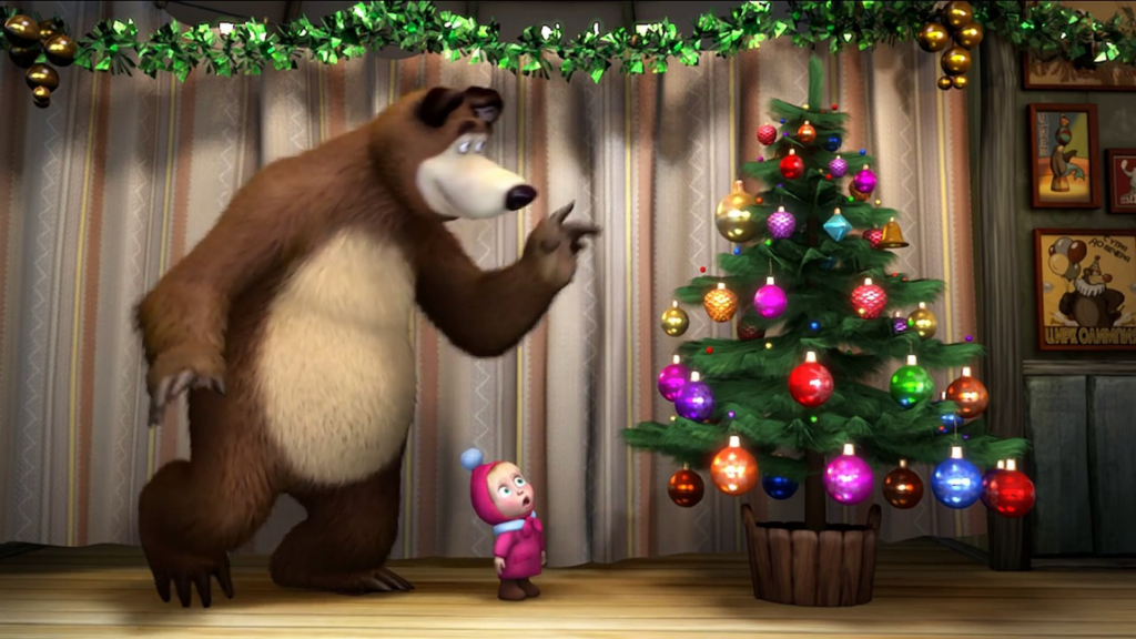 Masha y el Oso viendo un árbol de navidad.