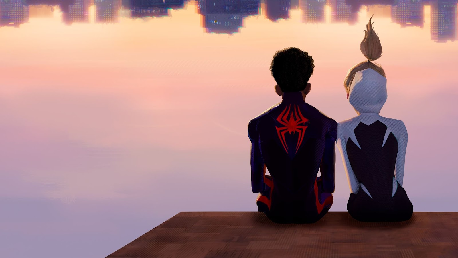 Los personajes animados, Miles Morales y Gwen Stacy, sentados de espalda con sus trajes de superhéroes en Spider-man: A través del Spider-verso.