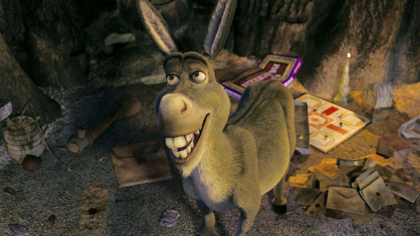 Burro de Shrek. Un burro animado de color gris sonriendo.