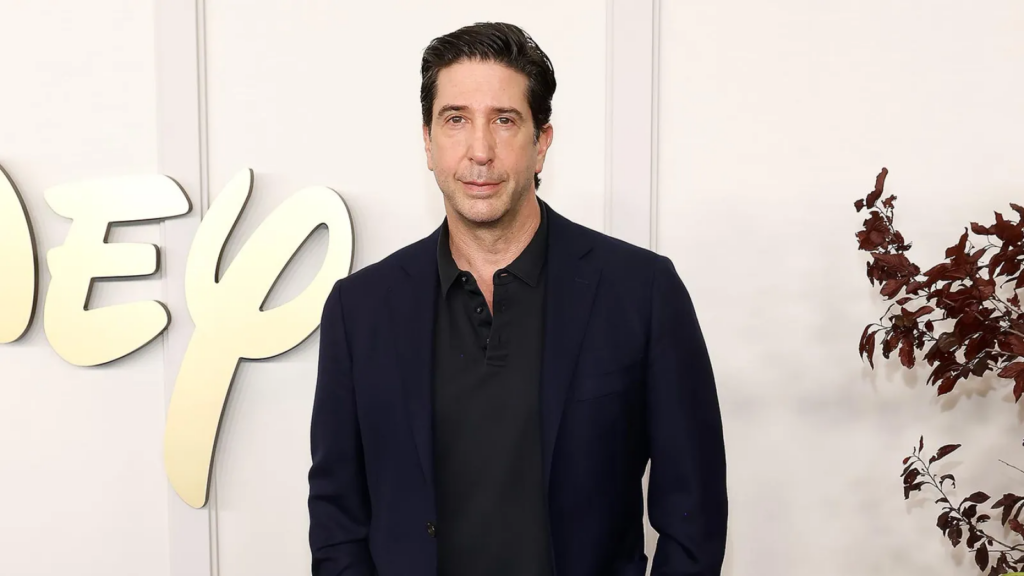 David Schwimmer posando frente a un cartel de un evento público, vestido con un traje azul oscuro, luciendo serio y formal.